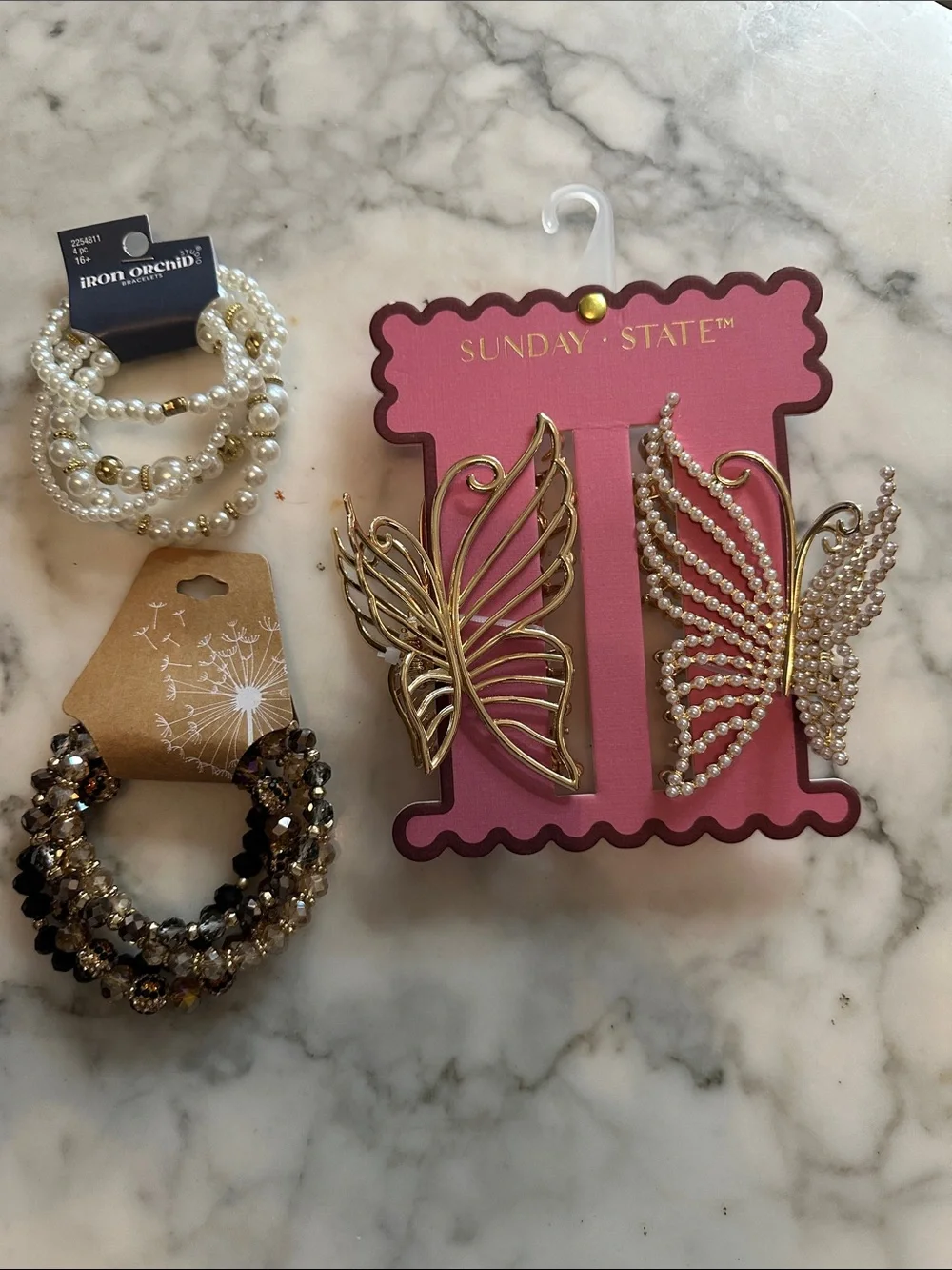 Sunday State Gold and Pearl Butterfly Hair Clips & Assorted Bracelets NWT